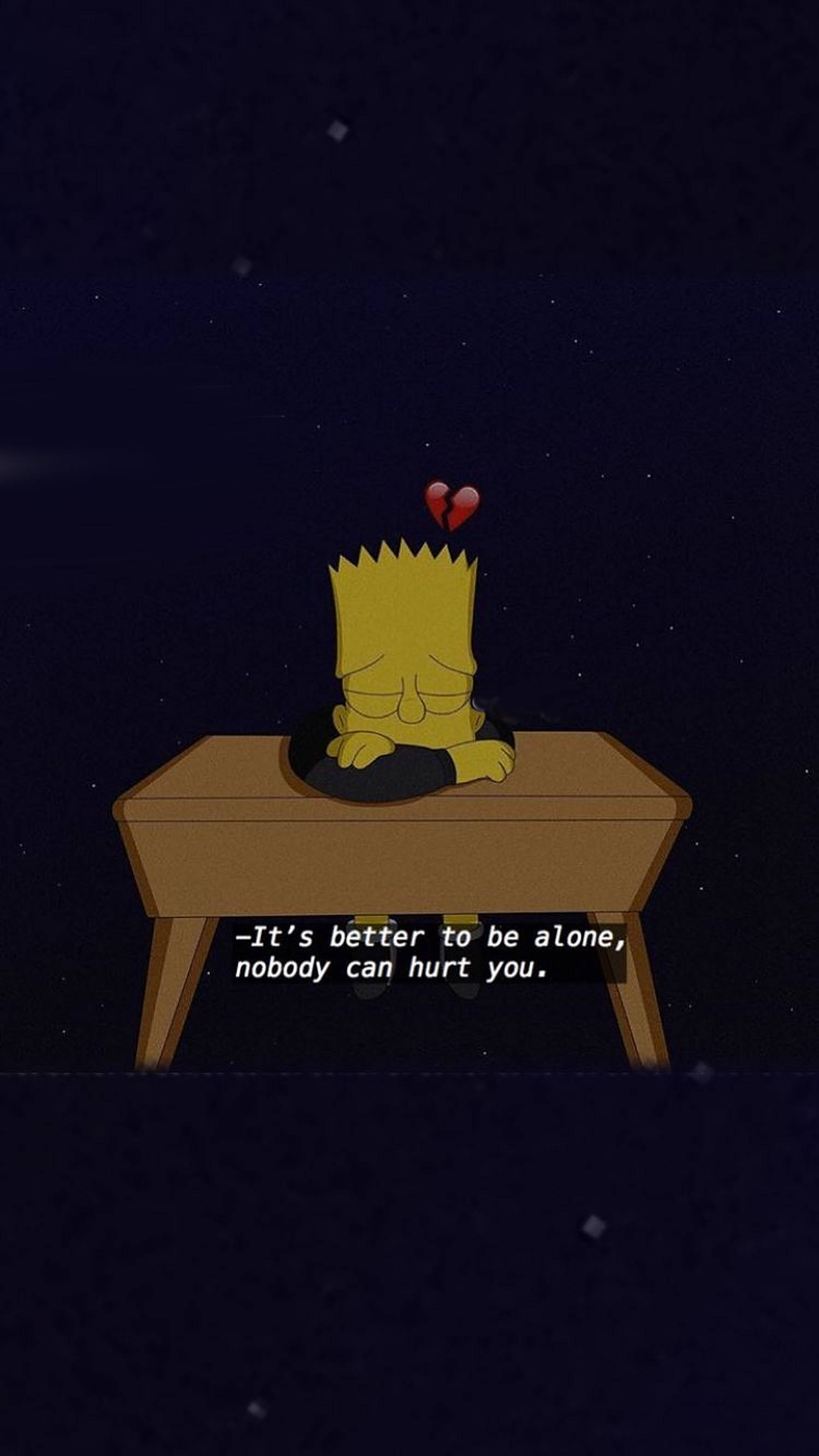 Simpson 桌布 壁紙 — 巴特·辛普森獨自坐在星空下的木桌旁，頭頂上方有一個破碎的心。