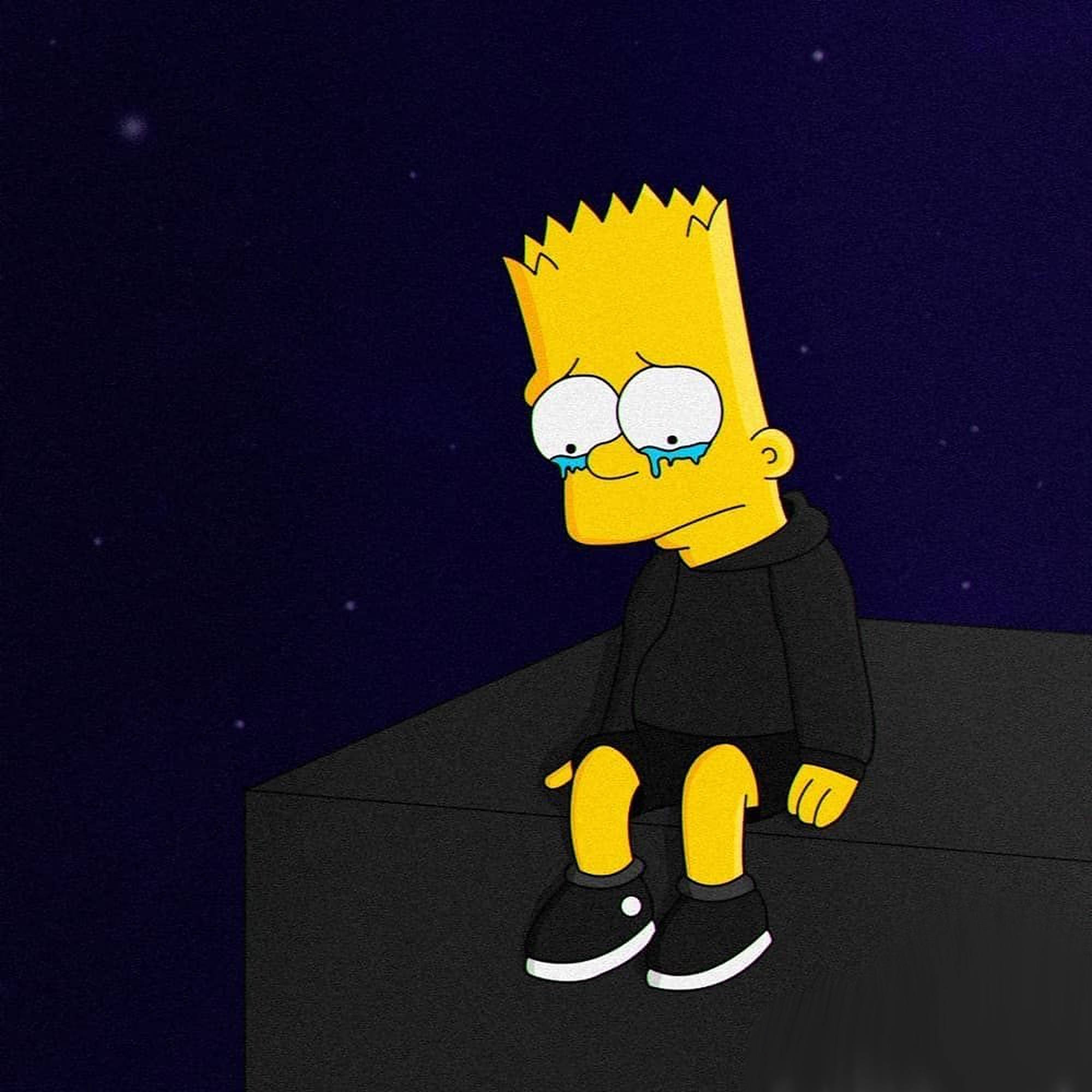 Simpson 桌布 壁紙 — 巴特·辛普森獨自坐在星空下的黑暗屋頂上，淚流滿面。