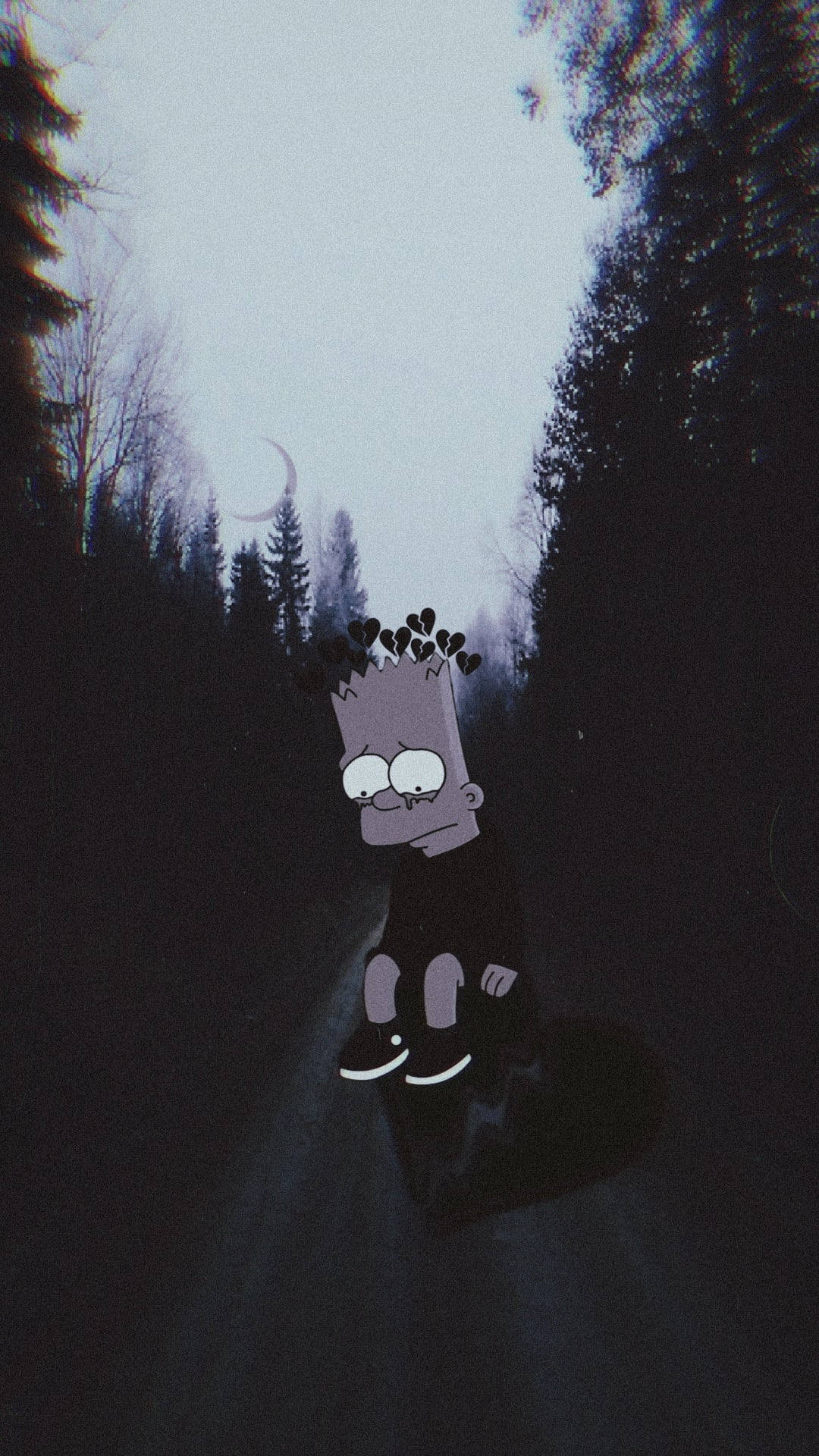 Sad Simpsons 桌布 壁紙 — 巴特·辛普森獨自坐在森林小徑上，新月下有心形漂浮在他頭頂。