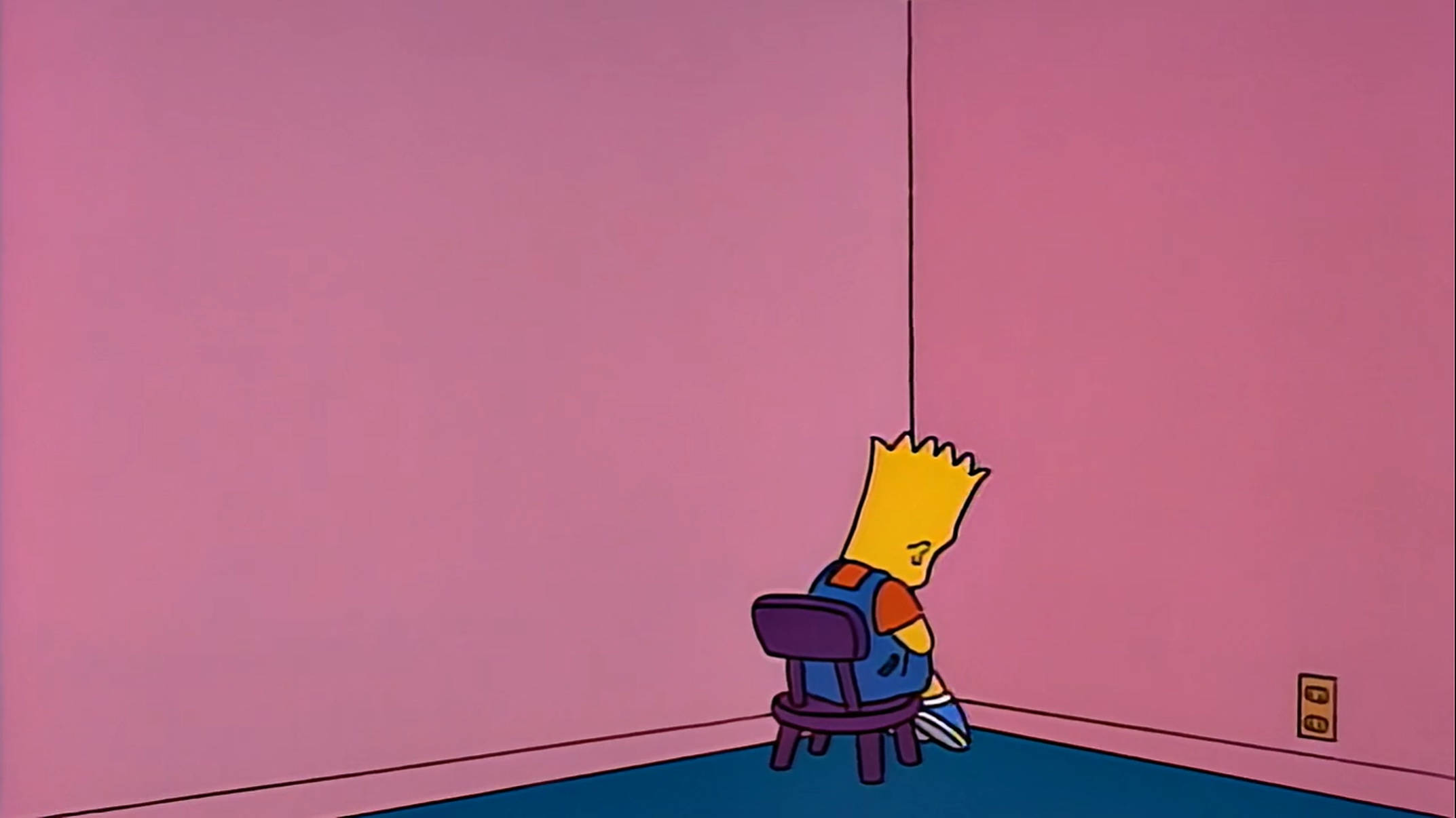Simpson 桌布 壁紙 — 巴特·辛普森獨自坐在紫色凳子上，房間牆壁粉紅色，低頭沉思。