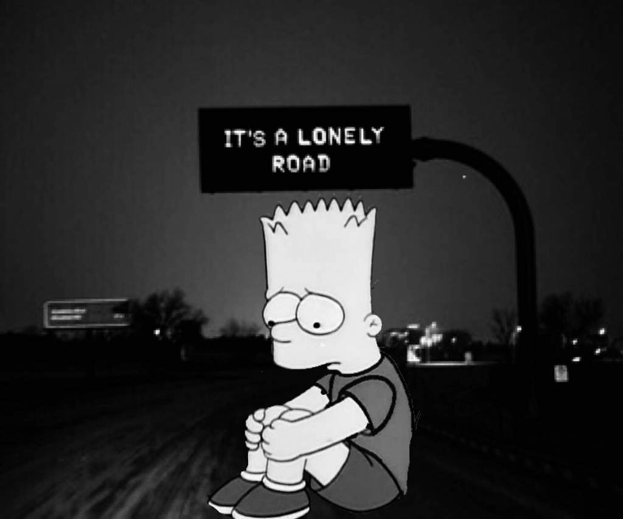 Simpson 桌布 壁紙 — 巴特·辛普森獨自坐在黑暗的道路上，下方有一個寫著「IT'S A LONELY ROAD」的標誌，單色調。