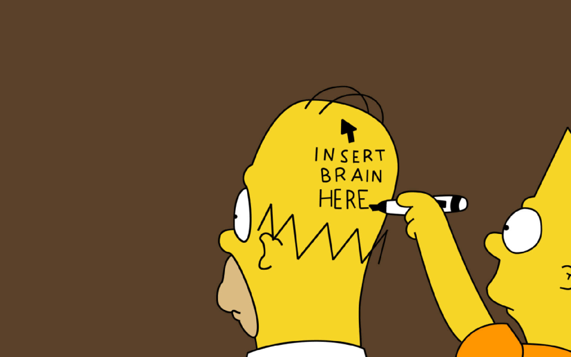 fun 桌布 壁紙 — 巴特·辛普森用記號筆在荷馬·辛普森的光頭上寫上「INSERT BRAIN HERE」，並附有向上箭頭。