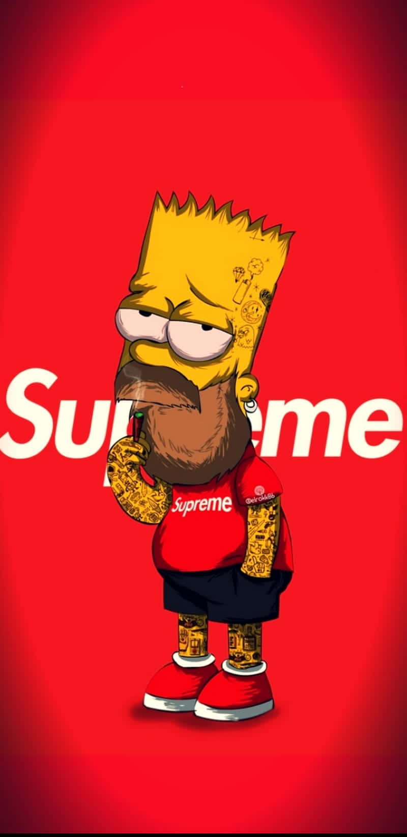 Dope Simpsons 桌布 壁紙 — 巴特·辛普森留鬍子及刺青，在紅色Supreme標誌背景下吸食大麻煙。