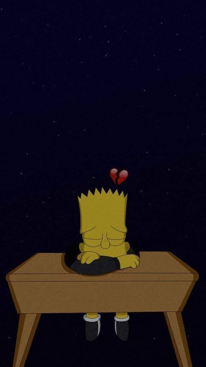 bart simpson sad boy 桌布 壁紙 — 巴特·辛普森癱坐在一張木桌前，頭頂上方漂浮著一顆破碎的心，背景是滿天星斗的夜空。