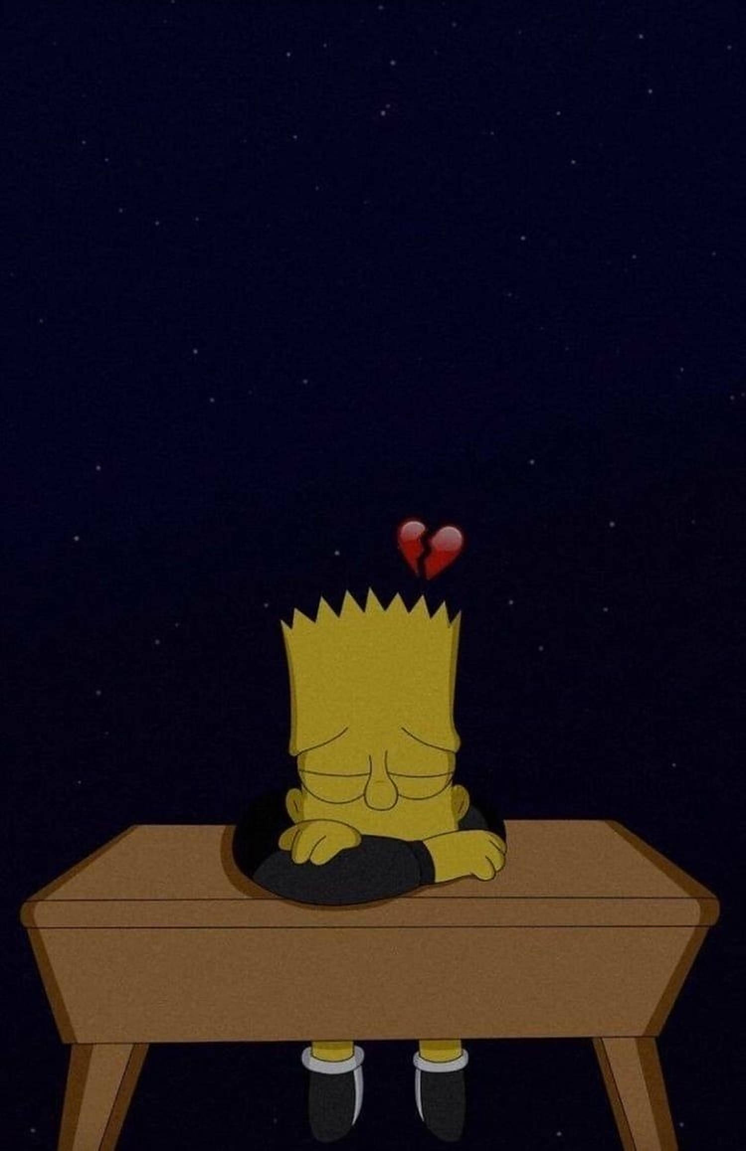 Simpson 桌布 壁紙 — 巴特·辛普森癱坐在木桌上，頭頂上方有一顆破碎的心漂浮在星空下。