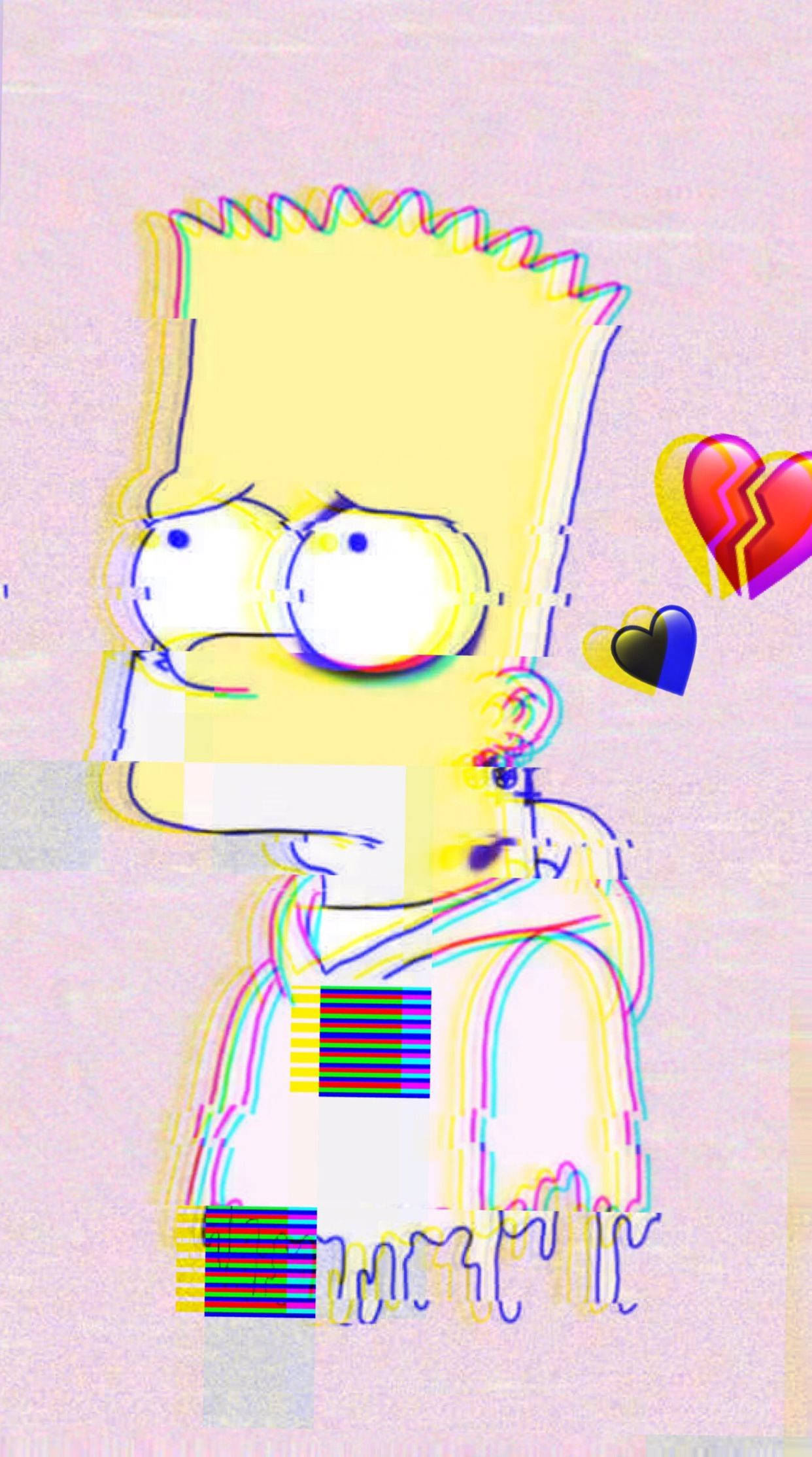 Sad Simpsons 桌布 壁紙 — 巴特·辛普森的故障藝術，旁邊漂浮著破碎的心，背景為粉彩風格。