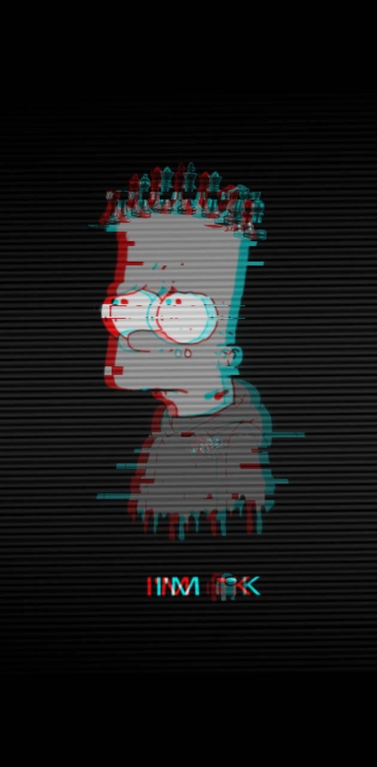 emo 頭像 桌布 壁紙 — 巴特·辛普森的故障藝術肖像，帶有紅青色失真和像素化靜電，背景為黑色。
