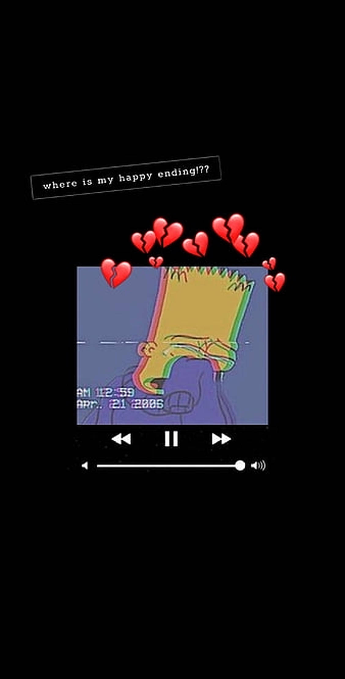Simpson 桌布 壁紙 — 巴特·辛普森的頭出現在一個有故障的視頻播放器屏幕上，破碎的心形漂浮在上方，黑色背景上疊加著文字 'where is my happy ending??'。