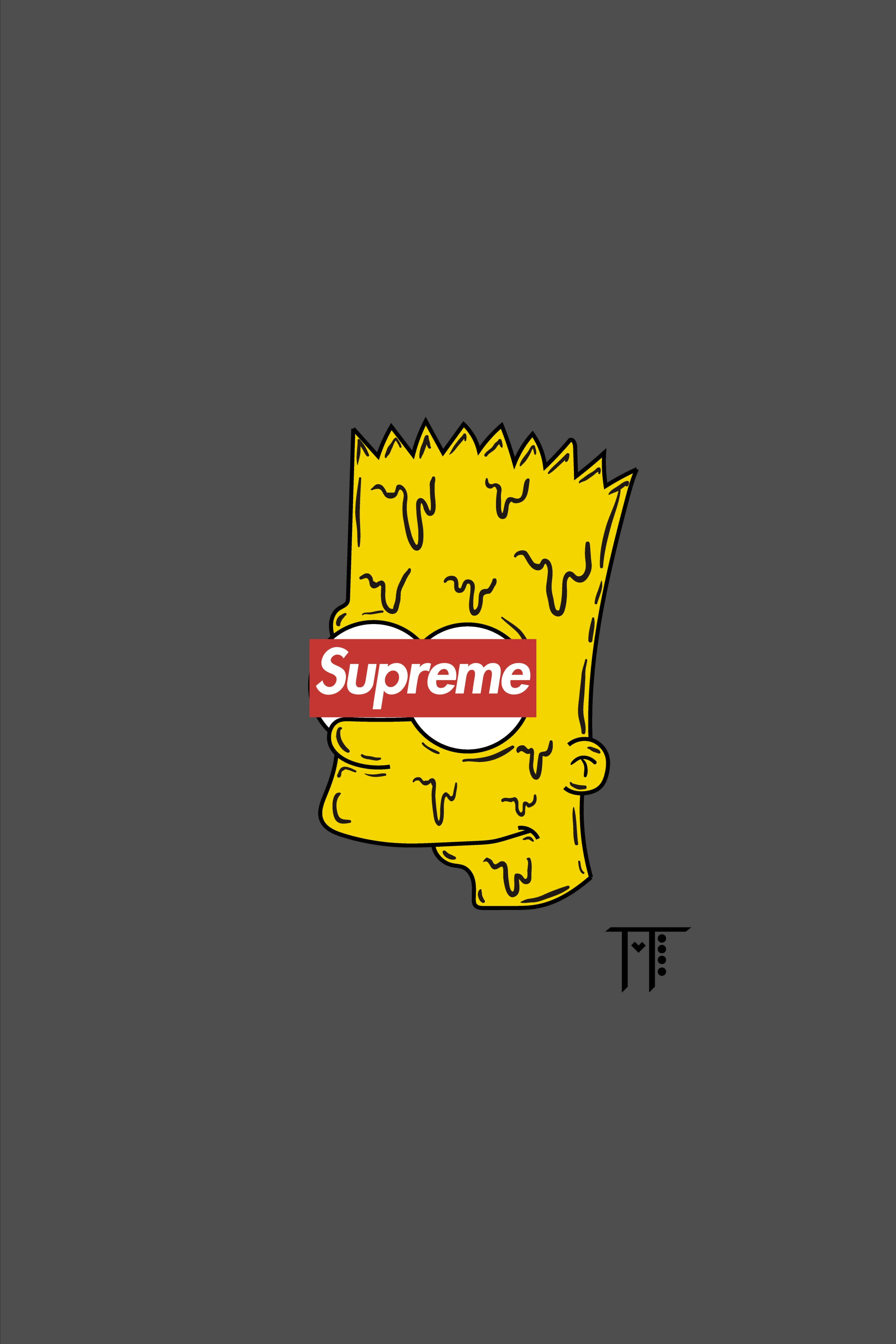 Bart Simpson Weed 桌布 壁紙 — 巴特·辛普森的頭部，帶有滴落的黃色紋理和紅色Supreme標誌遮蓋他的眼睛，背景為深灰色。