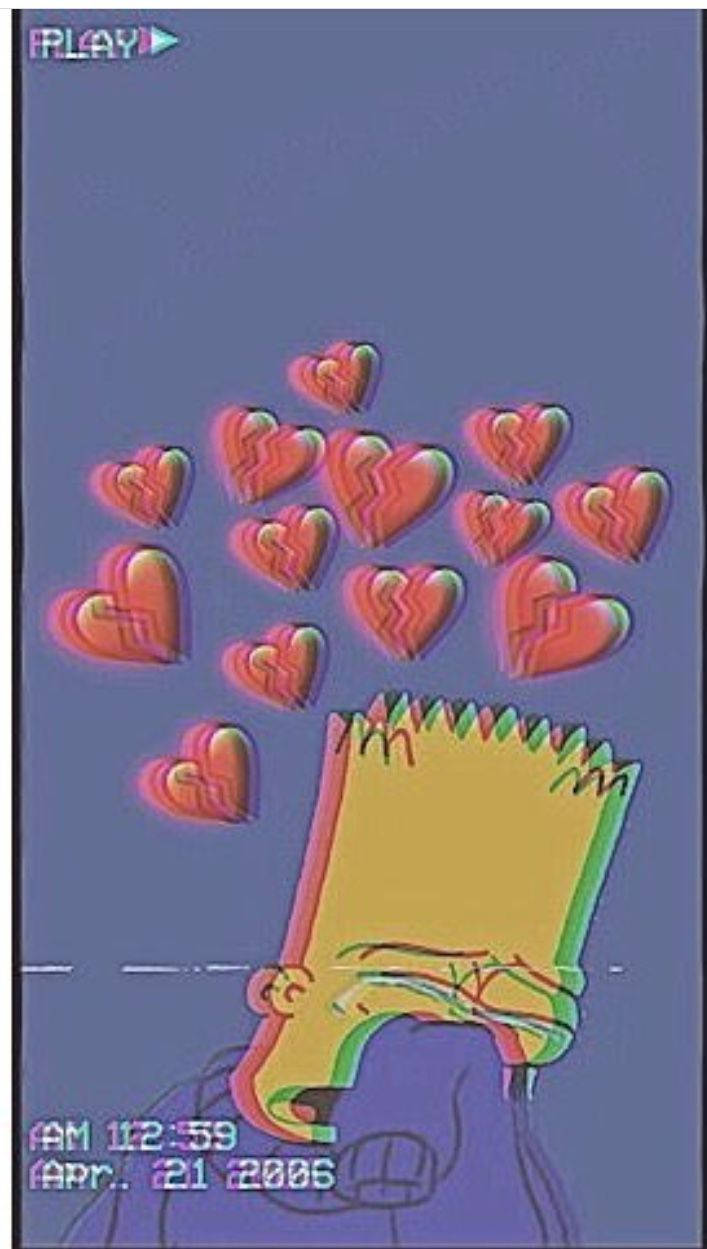 bart simpson sad boy 桌布 壁紙 — 巴特·辛普森的頭部在紫色數位背景上散發出一團破碎的心，並帶有時間戳。