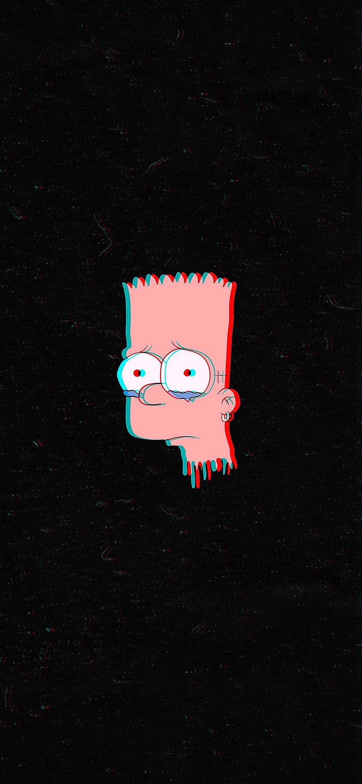 Simpson 桌布 壁紙 — 巴特·辛普森的頭部漂浮在帶有故障效果紅色和青色邊緣的深色紋理背景上。