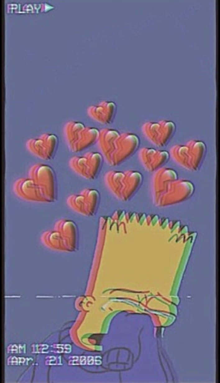 Bart Simpson Crying 桌布 壁紙 — 巴特·辛普森的頭頂上漂浮著破碎的心，背景為紫色並帶有VHS風格的故障效果。