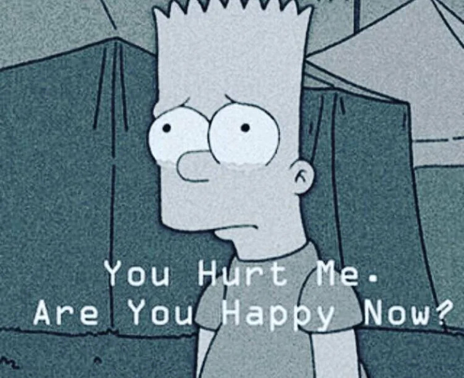 Simpson 桌布 壁紙 — 巴特·辛普森睜大眼睛，表情悲傷，背景是柔和的青綠色，並有文字疊加。