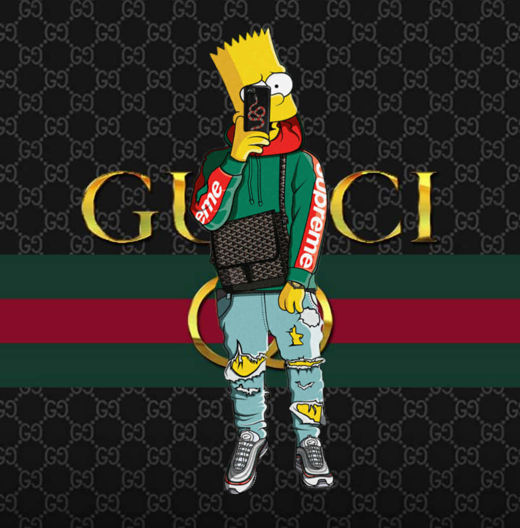 Gucci Green 桌布 壁紙 — 巴特·辛普森穿著Gucci連帽衫和破洞牛仔褲，在奢華品牌圖案背景前自拍。