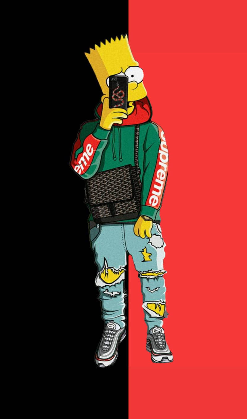 Bart Simpson Aesthetic 桌布 壁紙 — 巴特·辛普森穿著Supreme連帽衫和破洞牛仔褲，在鮮明的黑紅分割背景前自拍。