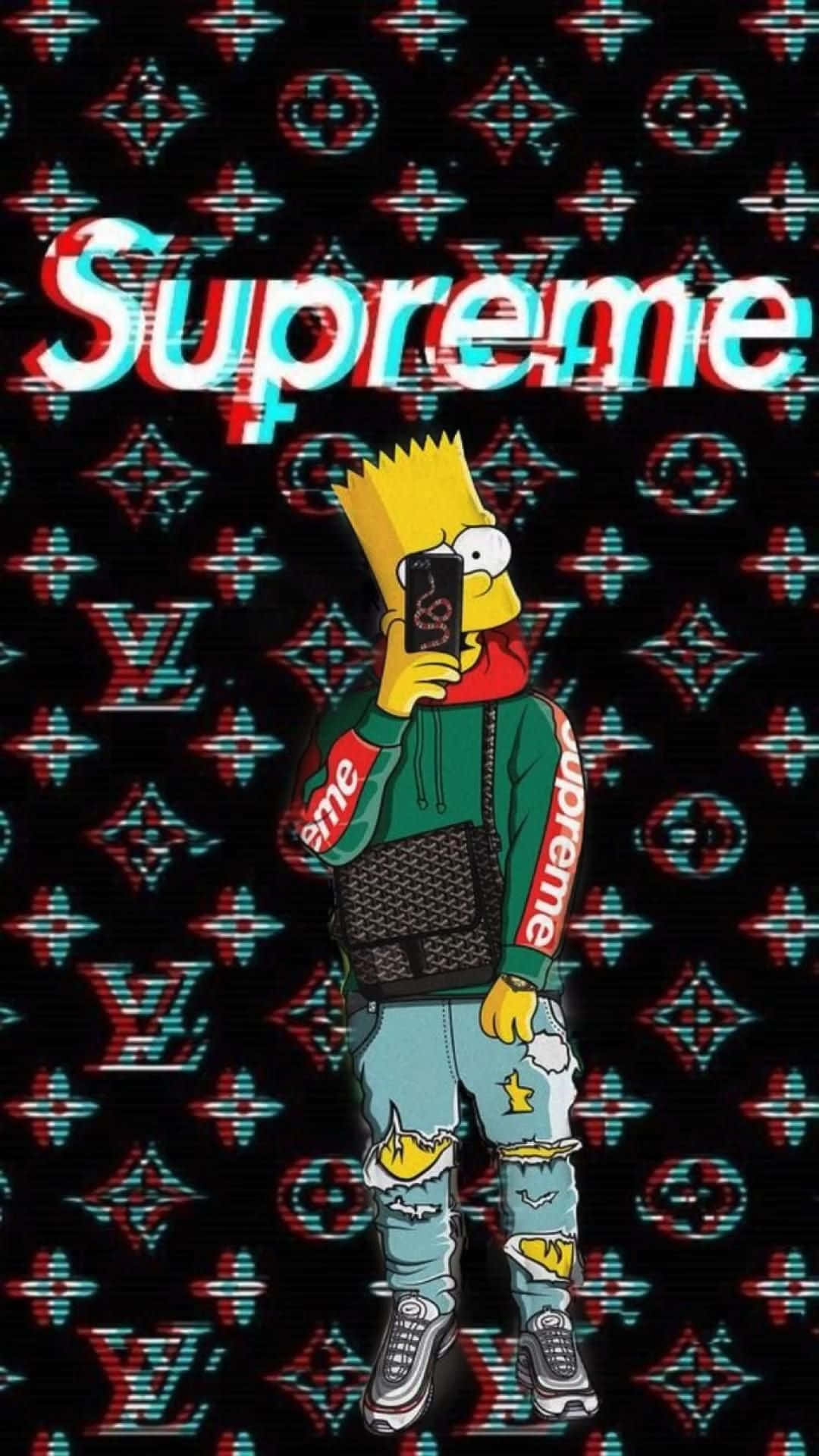 桌布 壁紙 — 巴特·辛普森穿著帶有故障效果的Supreme連帽衫，在重複的路易威登字母圖案前自拍。