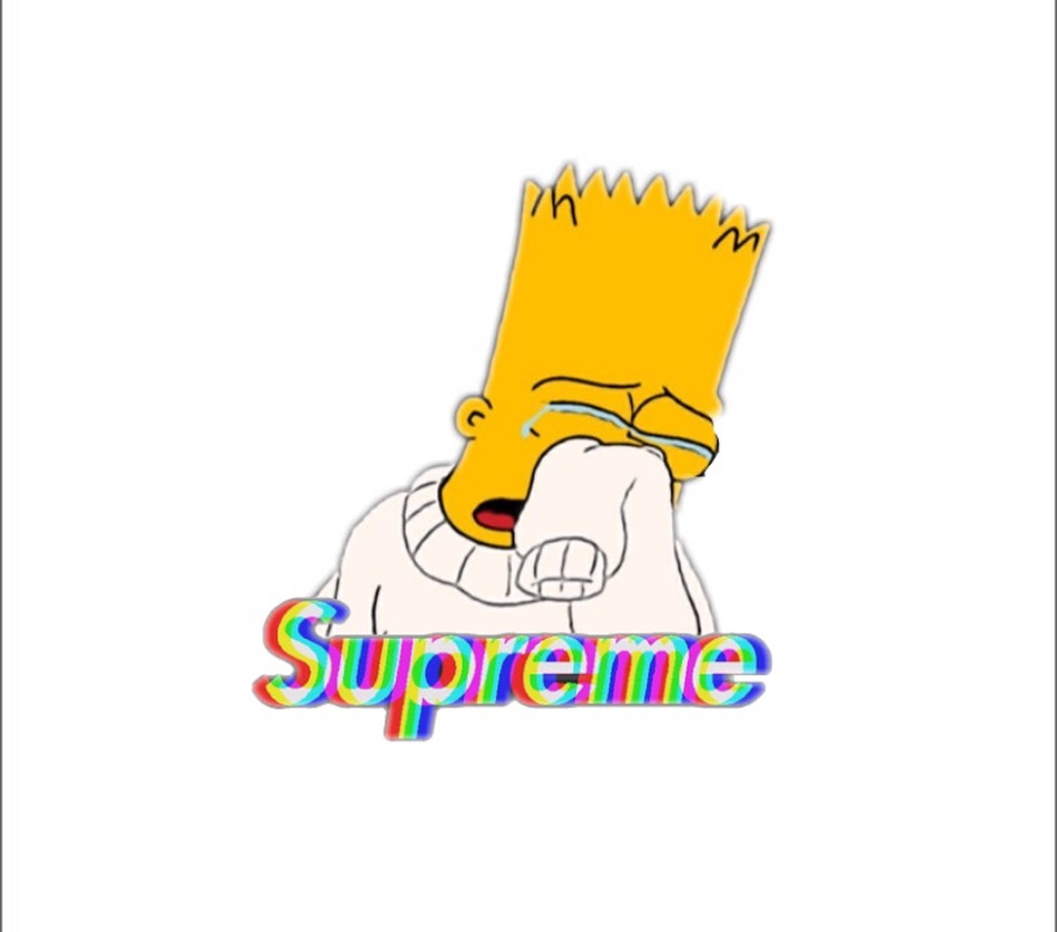 Simpson 桌布 壁紙 — 巴特·辛普森穿著白色毛衣，雙手捧臉哭泣，下方有彩虹色的Supreme標誌。