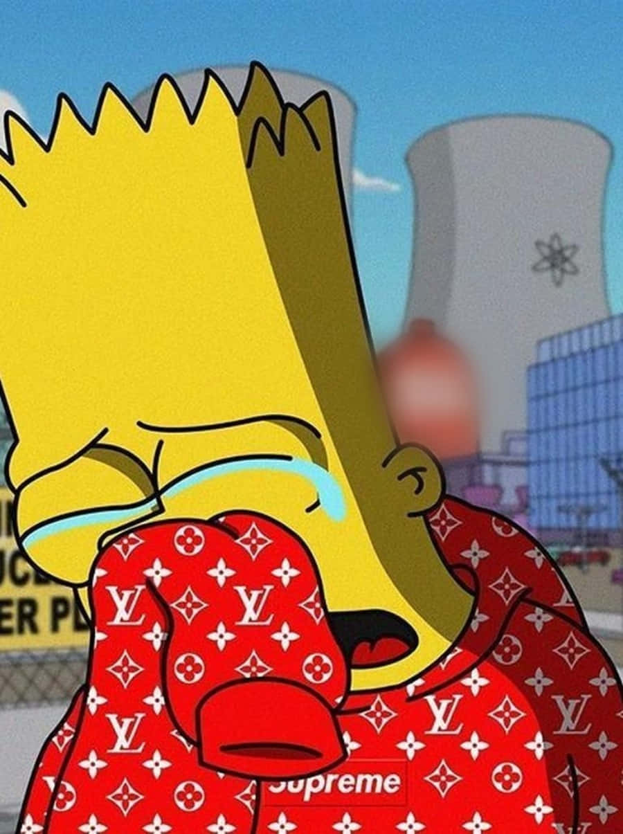 supreme 桌布 壁紙 — 巴特·辛普森穿著紅色 Louis Vuitton Supreme 連帽衫，站在核電廠冷卻塔前哭泣。