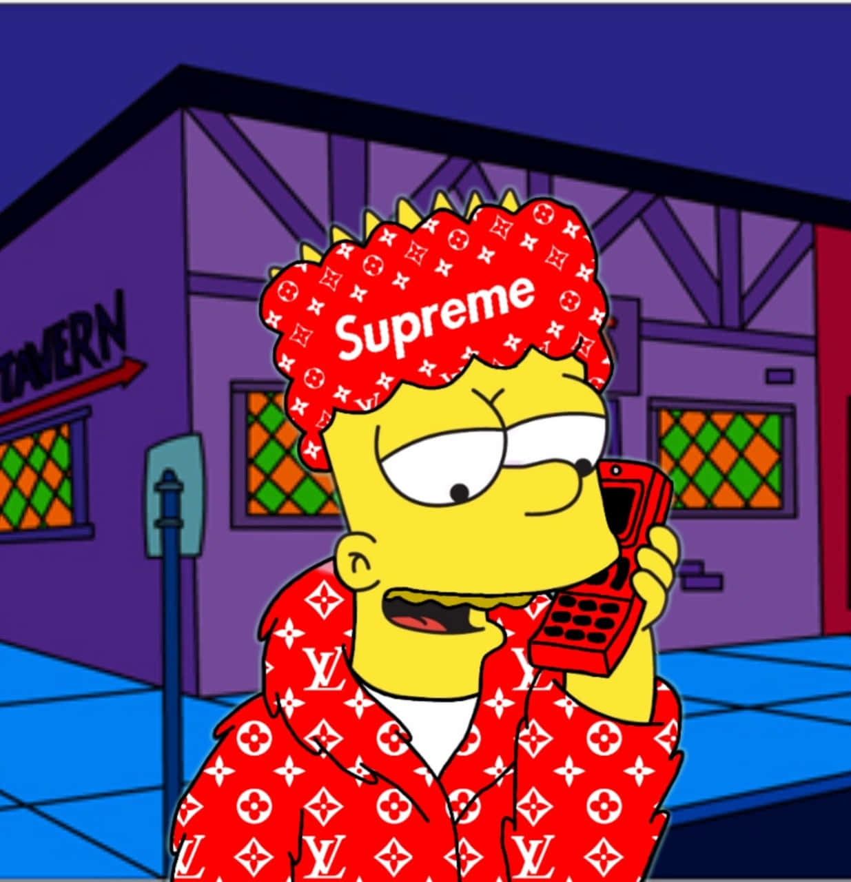 桌布 壁紙 — 巴特·辛普森穿著紅色Supreme和Louis Vuitton圖案的衣服，在晚上於紫色酒館外講紅色電話。