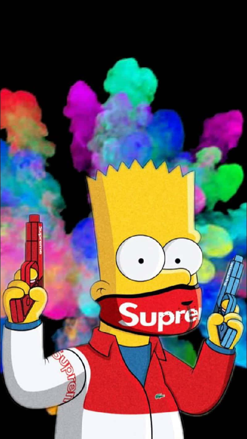 Dope Simpsons 桌布 壁紙 — 巴特·辛普森穿著紅色Supreme外套，手持兩把槍，背景是色彩繽紛的煙霧爆炸。