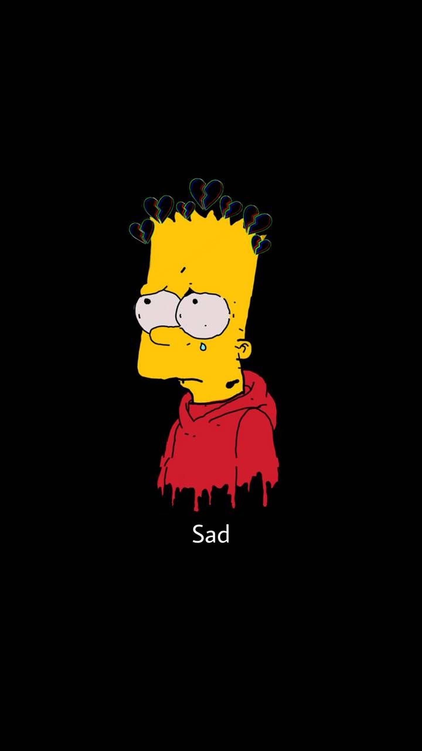 Simpson 桌布 壁紙 — 巴特·辛普森穿著紅色連帽衫，在黑色背景上，淚水和破碎的心漂浮在他的頭頂，看起來很悲傷。