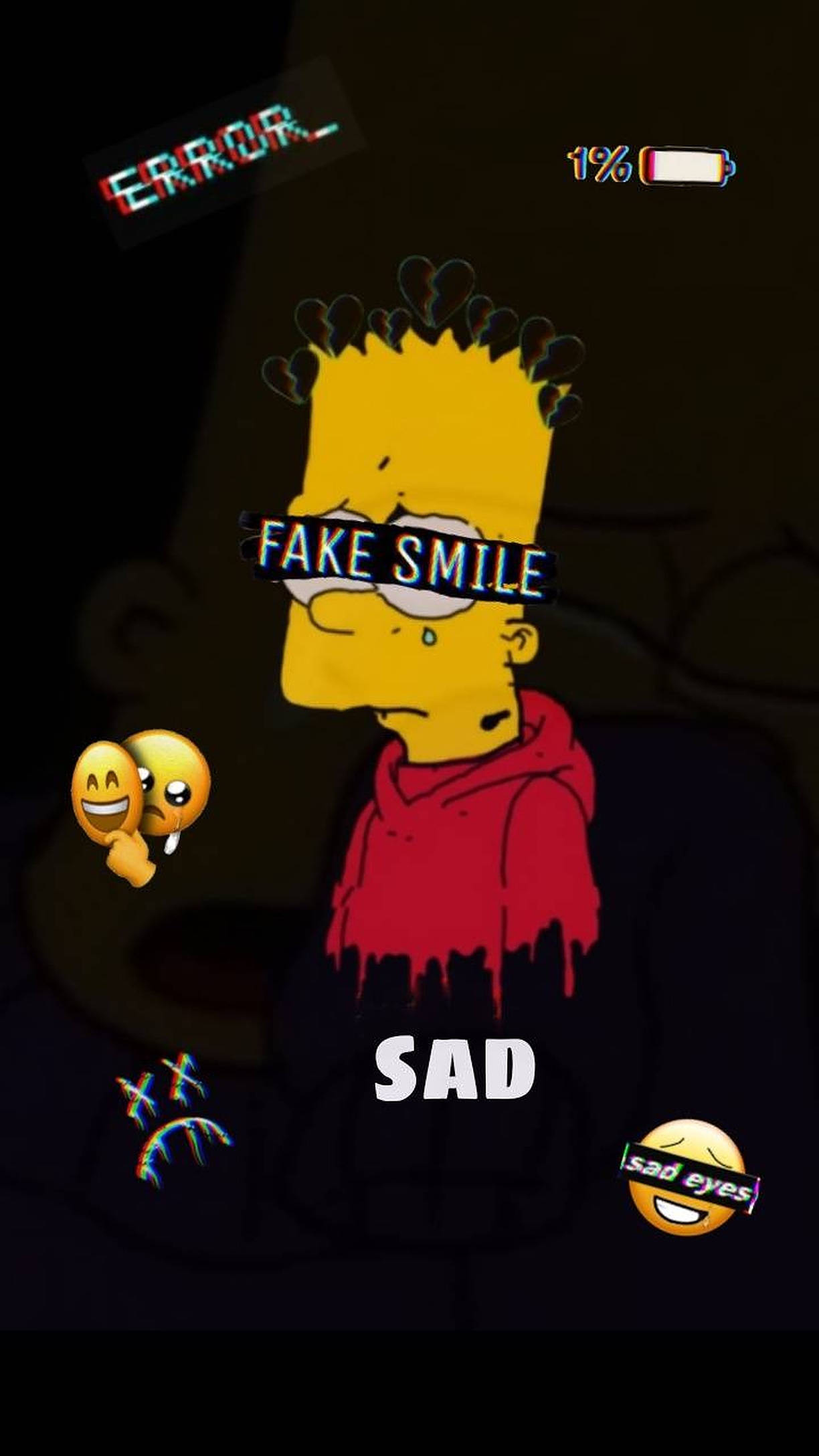 Simpson 桌布 壁紙 — 巴特·辛普森穿著紅色連帽衫，看起來悲傷，眼睛上方有「FAKE SMILE」文字，下方有「SAD」文字，背景為深色，帶有錯誤和電池圖標。
