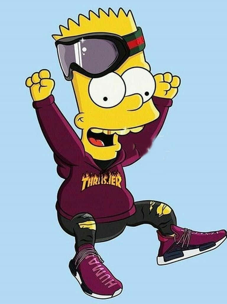 Bart Simpson Gangster 桌布 壁紙 — 巴特·辛普森穿著紫色Thrasher連帽衫和Gucci護目鏡，在淺藍色背景上充滿活力地跳躍。