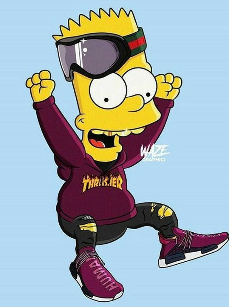 Cool Bart Simpson 桌布 壁紙 — 巴特·辛普森穿著紫色Thriller連帽衫和Gucci護目鏡，在淺藍色背景下舉起拳頭慶祝。