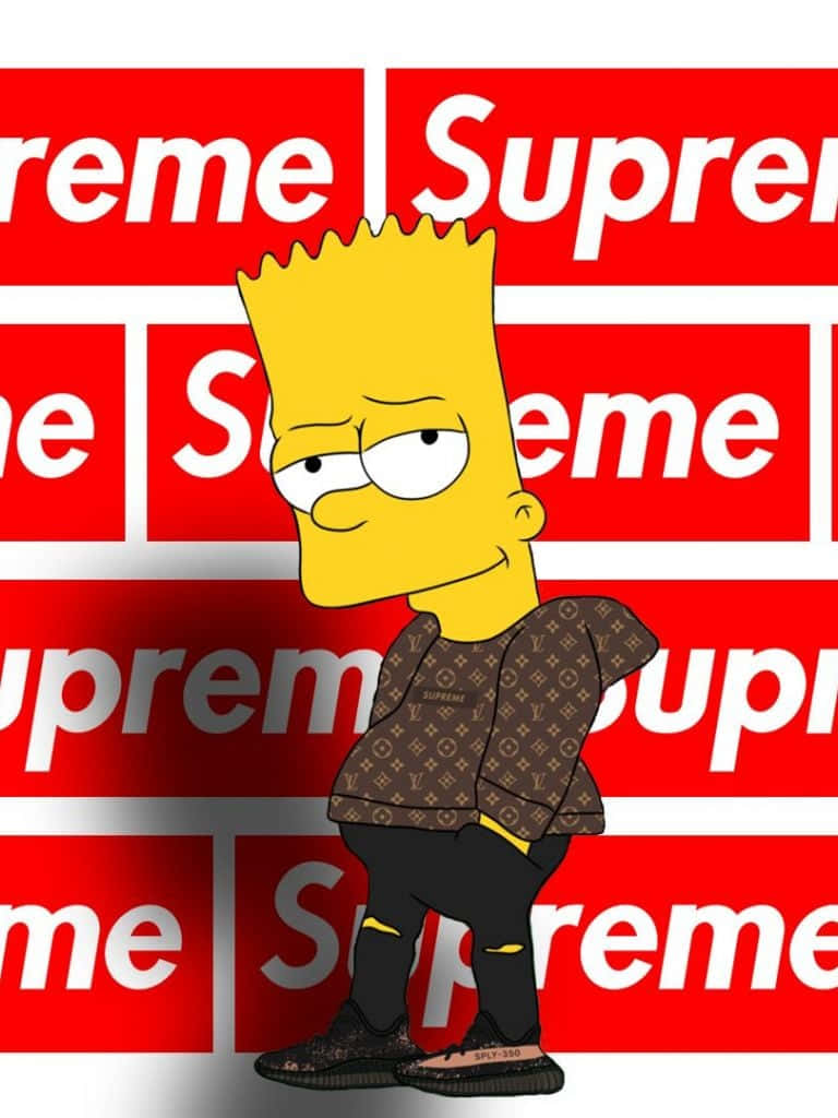 桌布 壁紙 — 巴特·辛普森穿著路易威登外套和Yeezy運動鞋，站在重複的紅色Supreme標誌背景前。