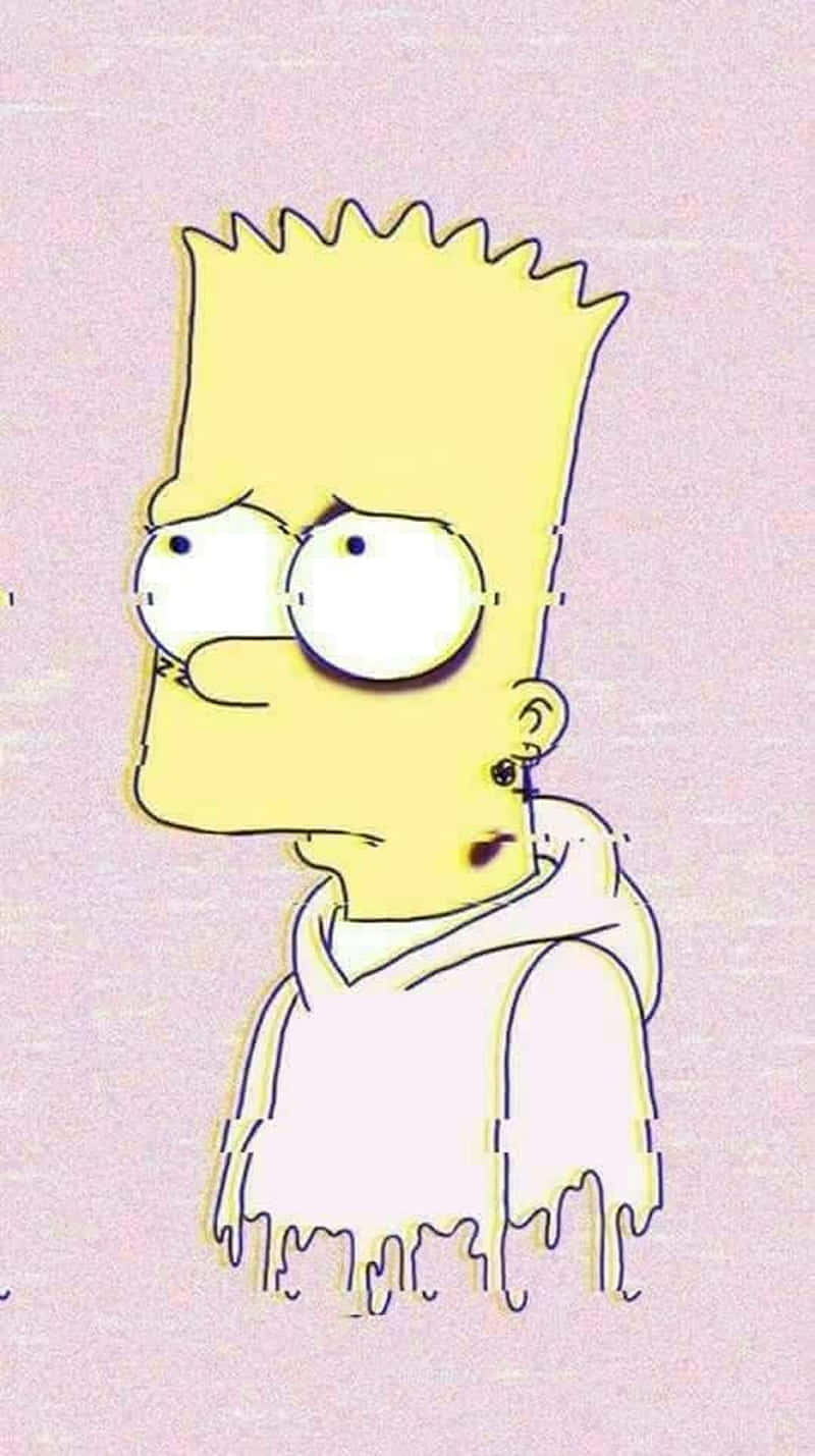 Sad Lisa Simpson 桌布 壁紙 — 巴特·辛普森穿著連帽衫，帶有故障滴落效果，背景為柔和粉紅色。