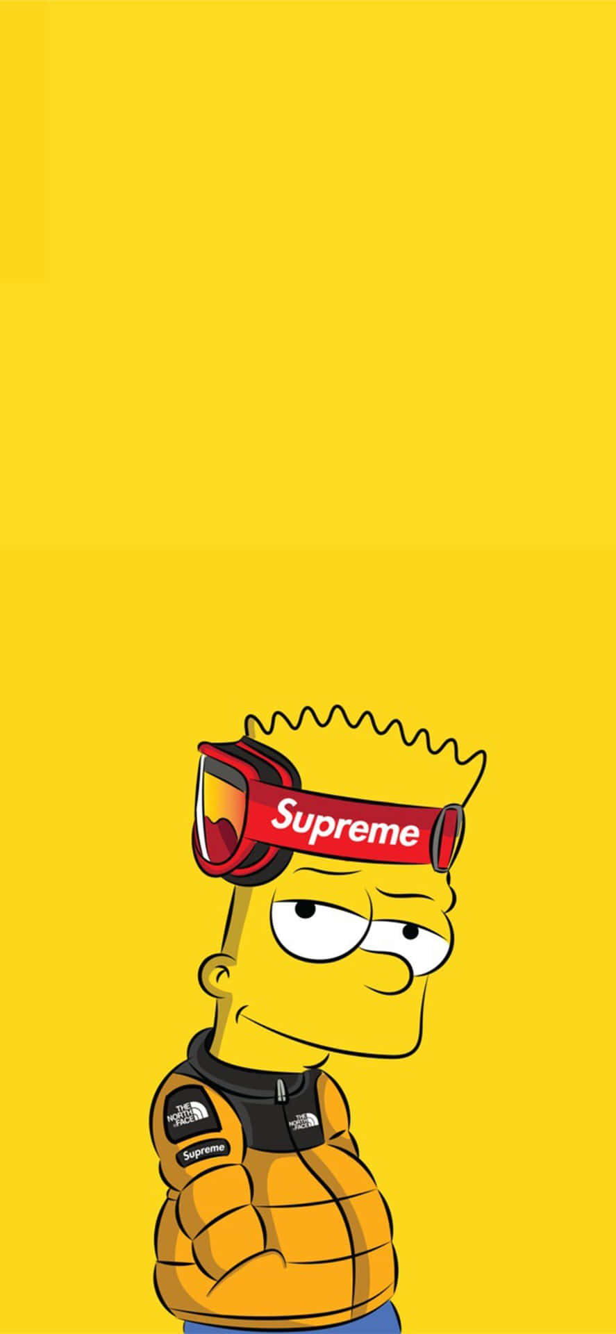 巴特·辛普森身穿黃色羽絨外套和Supreme護目鏡，背景為黃色。 — Valorant Logo 壁紙