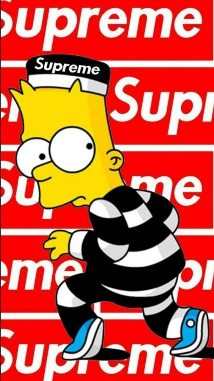 Simpsons Aesthetic 桌布 壁紙 — 巴特·辛普森穿著黑白條紋服裝，在充滿重複Supreme標誌的紅色背景上奔跑。