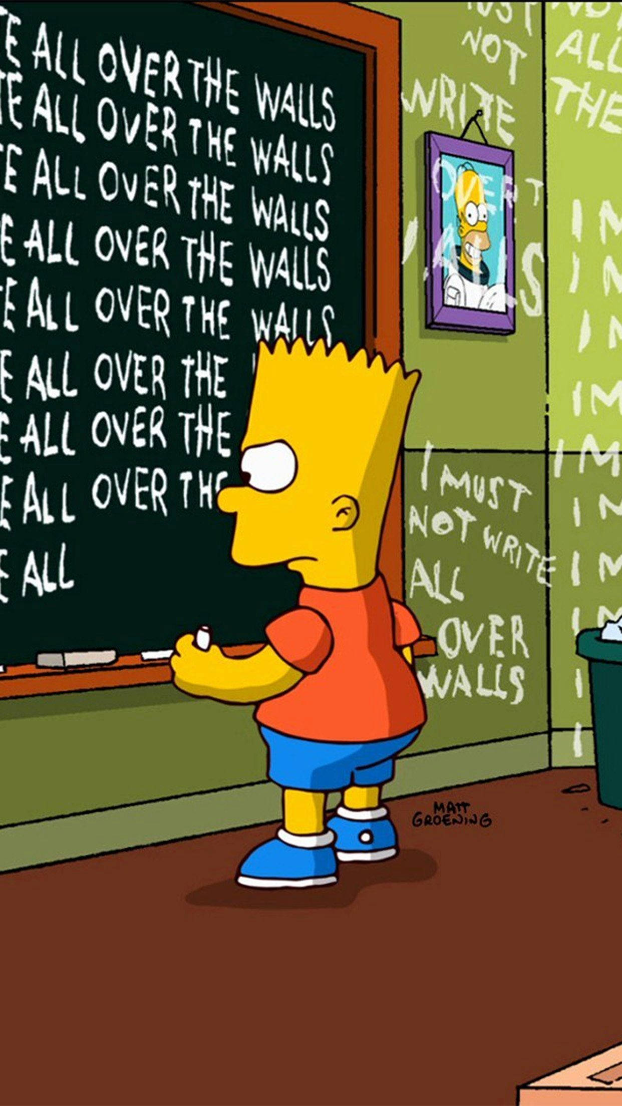Sad Simpsons 桌布 壁紙 — 巴特·辛普森站在一個卡通教室裡，面前的黑板寫滿了「在牆上到處寫」的訊息。