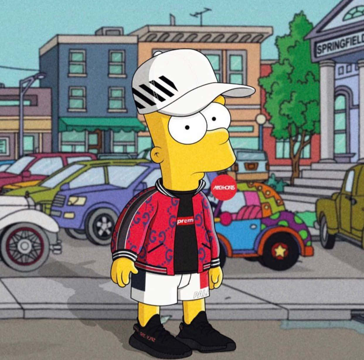 Dope Simpsons 桌布 壁紙 — 巴特·辛普森站在春田鎮的街道上，戴著白色帽子、紅色外套和黑色運動鞋，周圍是色彩繽紛的汽車。