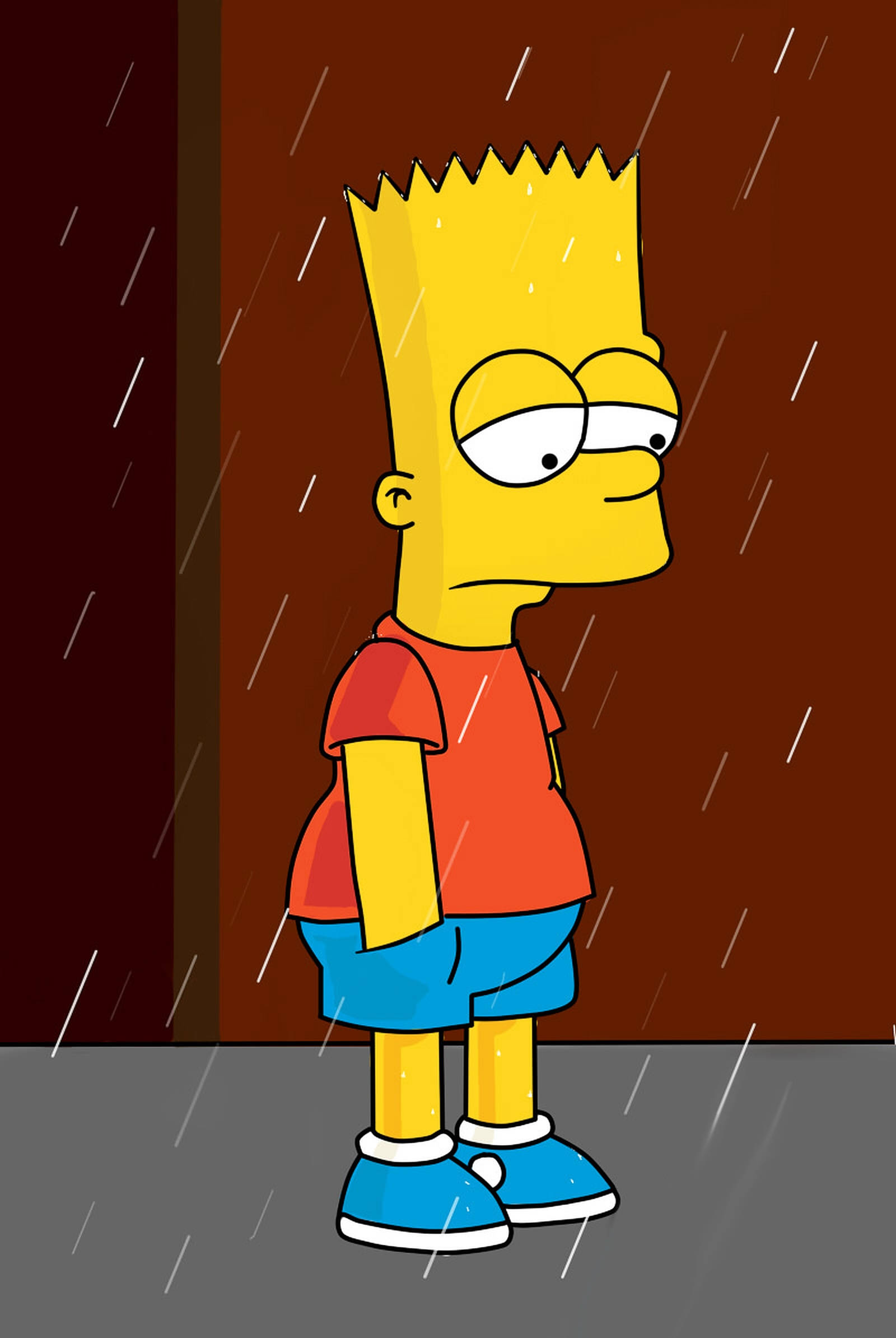Simpson 桌布 壁紙 — 巴特·辛普森站在雨中，對著深棕色牆壁和灰色人行道，顯得很無聊。