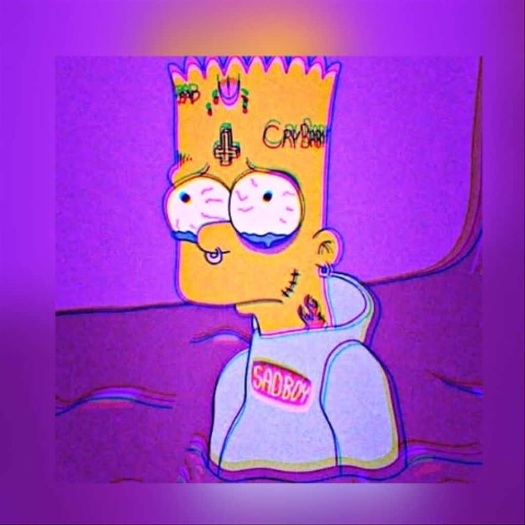 Bart Simpson Crying 桌布 壁紙 — 巴特·辛普森紋身並穿著憂鬱男孩連帽衫，在霓虹紫光下。