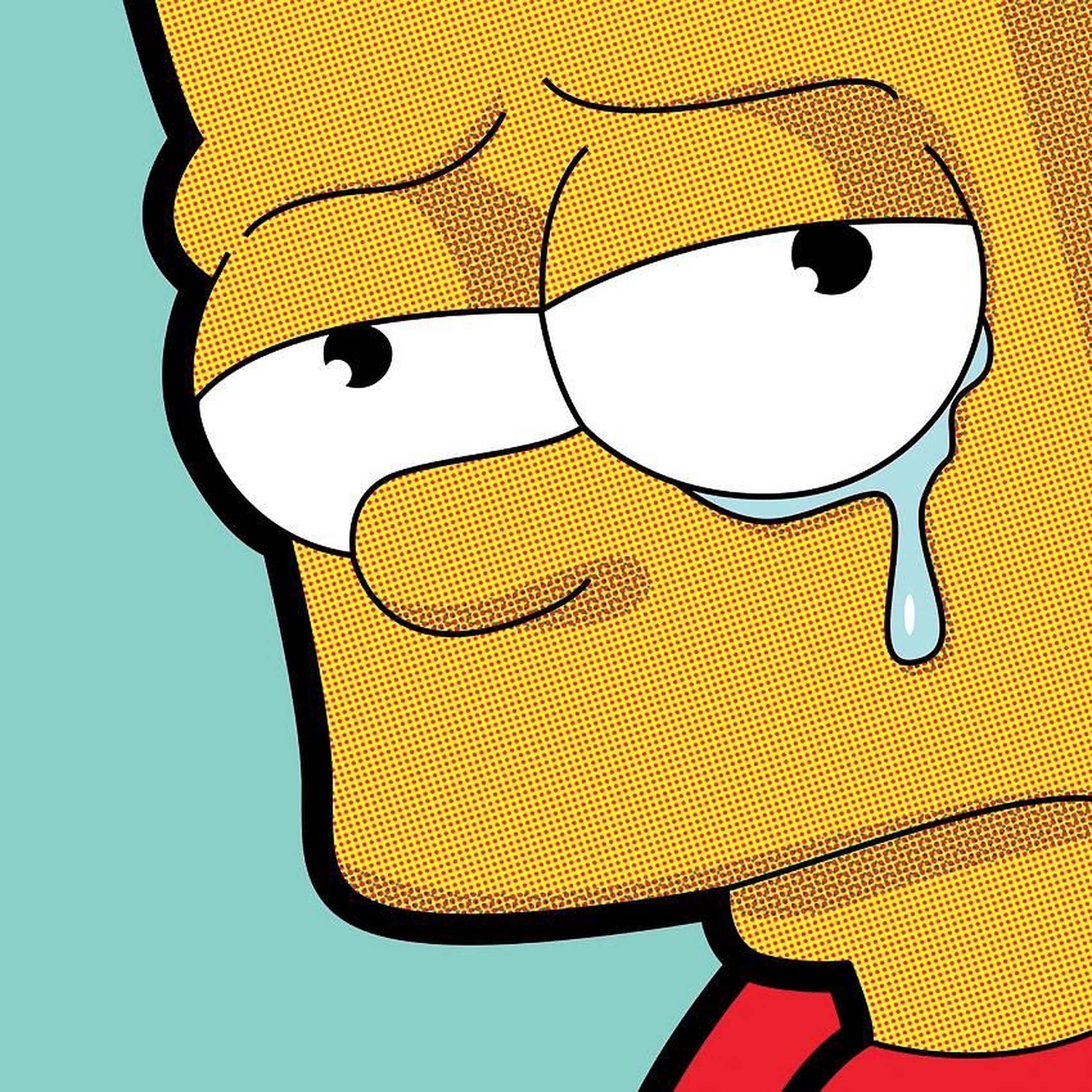 Simpson 桌布 壁紙 — 巴特·辛普森臉部特寫，一滴眼淚順著臉頰流下，背景為青綠色。