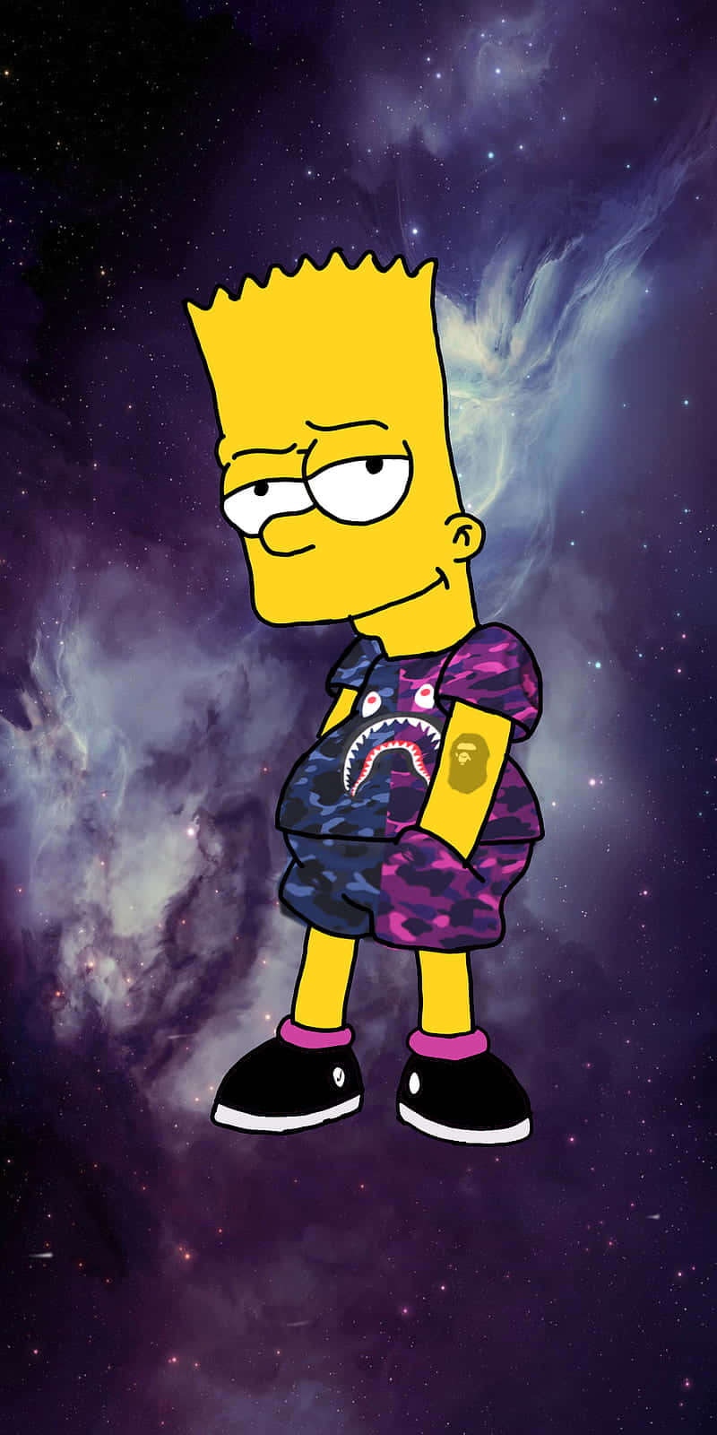 Dope Simpsons 桌布 壁紙 — 巴特·辛普森自信地站在充滿活力的宇宙星雲背景前，背景有旋轉的紫色和藍色雲彩。