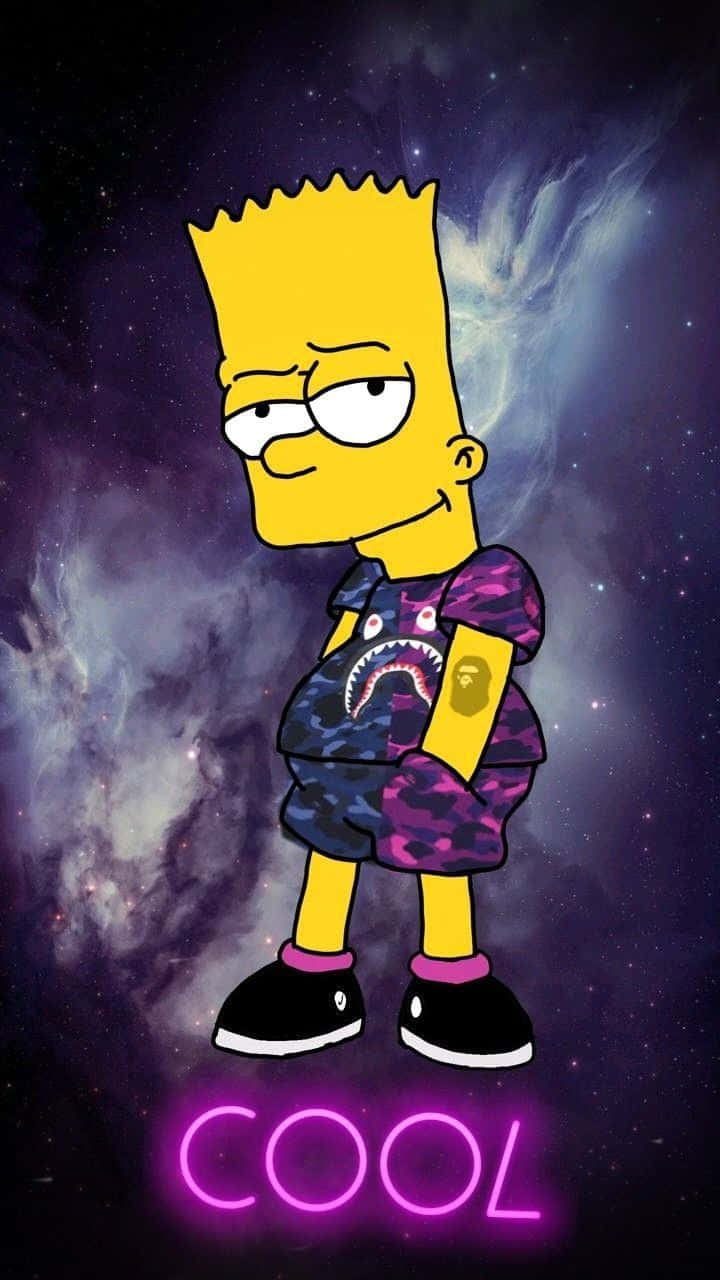 Bart Simpson Gangster 桌布 壁紙 — 巴特·辛普森自信地站在宇宙星雲背景前，下方有發光的紫色 'COOL' 文字。