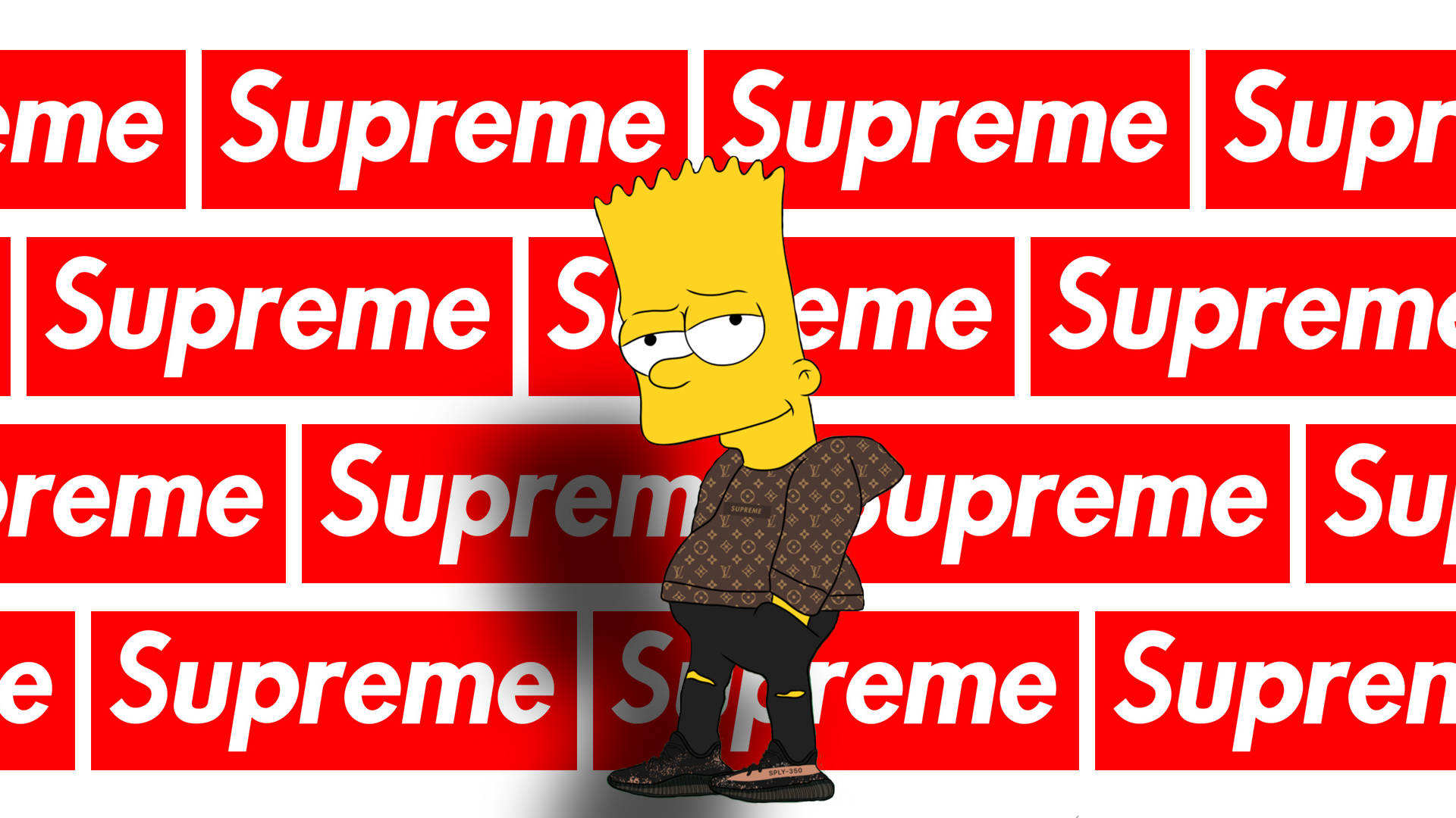 標誌 桌布 壁紙 — 巴特·辛普森自信地站在重複的紅色Supreme標誌牆前，這是一個大膽的流行文化混搭。