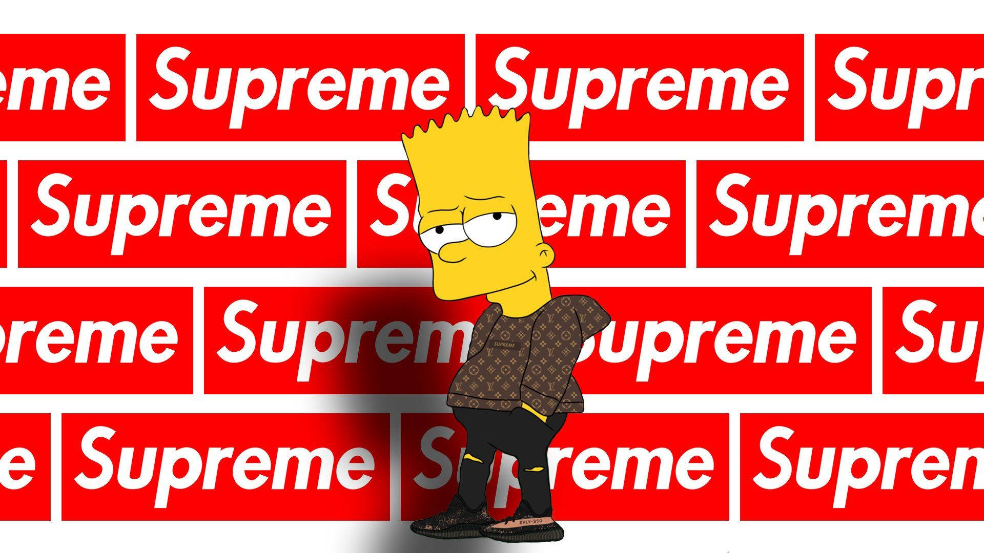 supreme 桌布 壁紙 — 巴特·辛普森自信地站在重複的紅色Supreme標誌牆前，形成大膽的流行文化混搭。