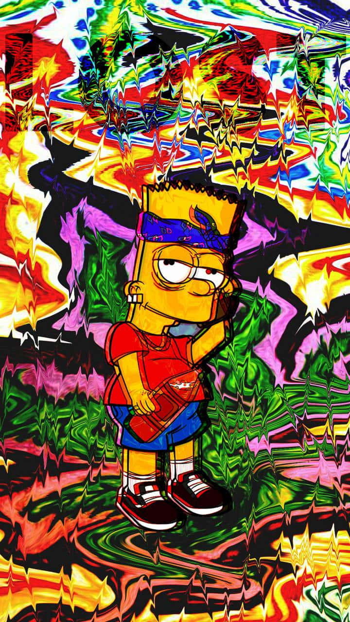 Bart Simpson Gangster 桌布 壁紙 — 巴特·辛普森自信地站在鋸齒狀彩虹色碎形圖案的迷幻爆炸中。