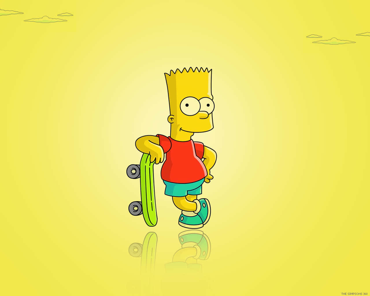 Bart Simpson Aesthetic 桌布 壁紙 — 巴特·辛普森自信地站立，手持綠色滑板，背景是明亮的黃色天空，帶有淡淡的雲彩。