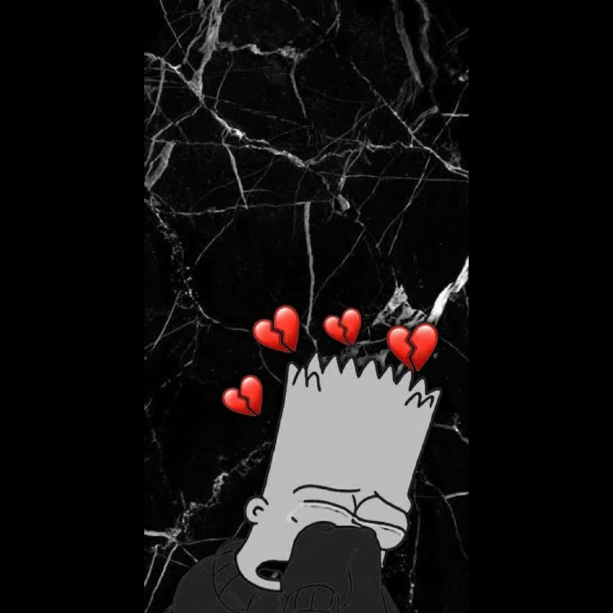 Sad Vibes 桌布 壁紙 — 巴特·辛普森與破碎的紅心漂浮在黑色大理石背景上的悲傷數位插圖。