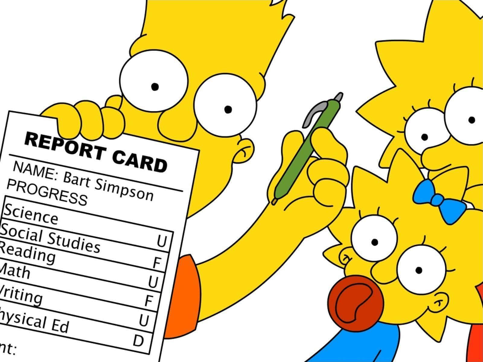 Funny Simpsons 桌布 壁紙 — 巴特·辛普森舉起他不及格的成績單，麗莎和瑪吉則以震驚的表情看著。