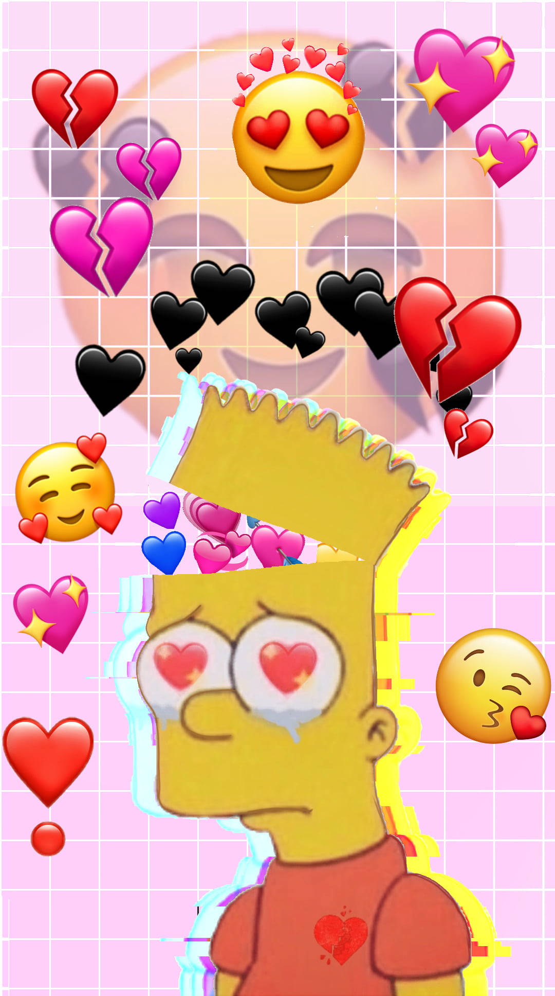 Sad Simpsons 桌布 壁紙 — 巴特·辛普森被漂浮的心形和表情符號包圍在粉紅色網格背景上。