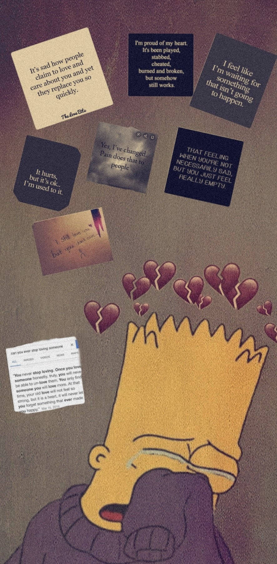 bart simpson sad boy 桌布 壁紙 — 巴特·辛普森被破碎的心和關於心碎及情感痛苦的手寫筆記包圍著哭泣。