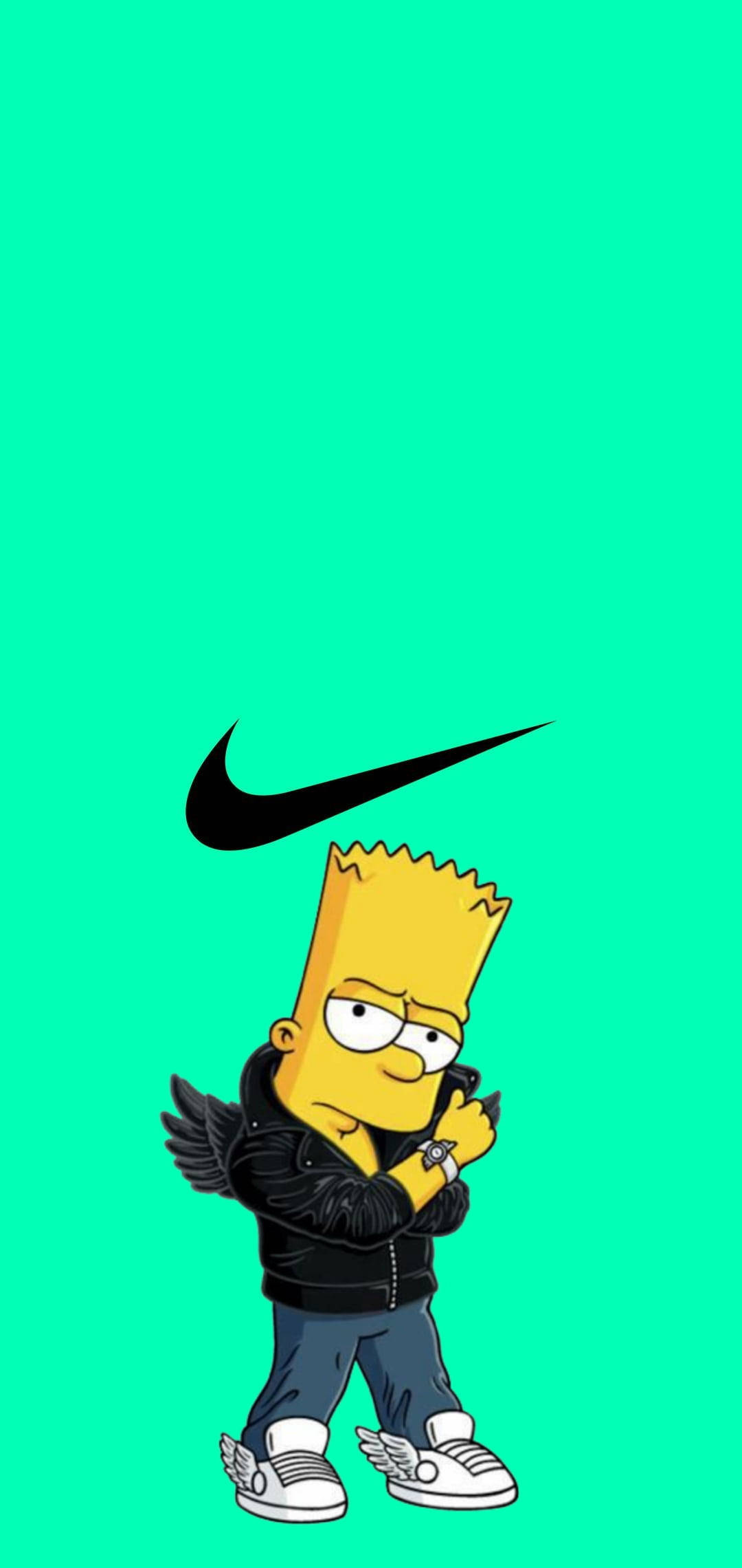 Nike 桌布 壁紙 — 巴特·辛普森身穿黑色外套和帶翼運動鞋，站在明亮的青綠色背景前，上方有Nike標誌。
