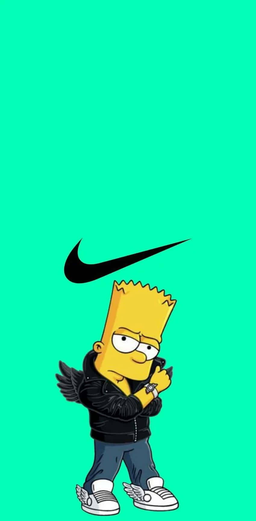 Dope Simpsons 桌布 壁紙 — 巴特·辛普森身穿黑色外套和帶翼運動鞋，站在明亮的青綠色背景前，上方有Nike勾勾。
