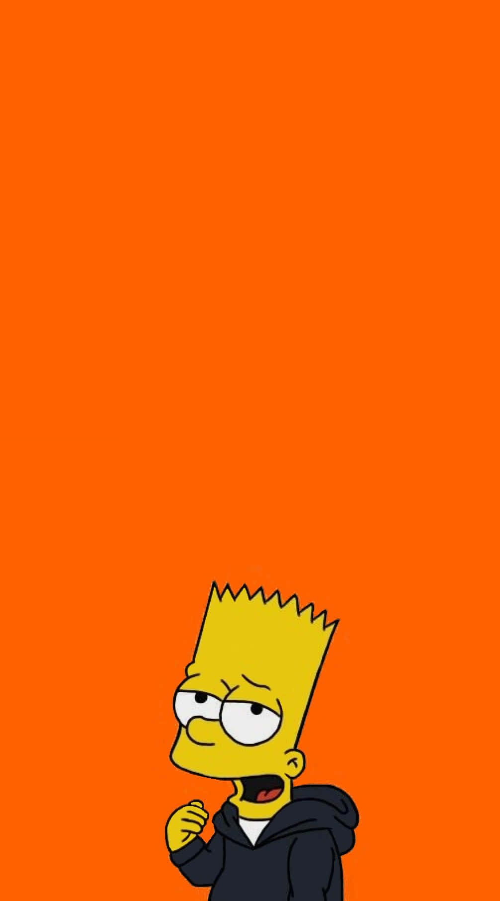 Bart Simpson Aesthetic 桌布 壁紙 — 巴特·辛普森身穿黑色連帽衫，在純橙色背景上抬頭露出頑皮的笑容。
